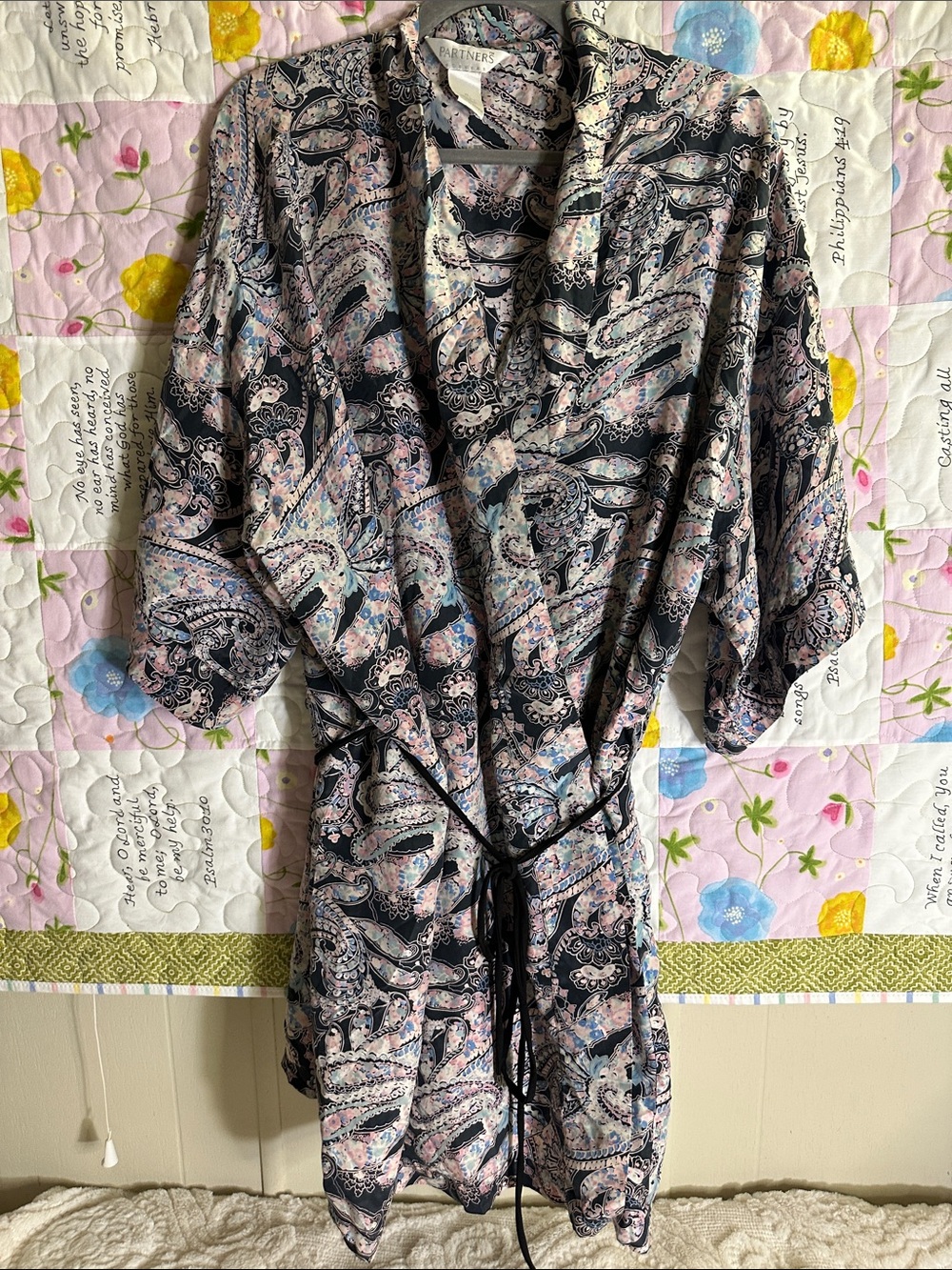 Partners by Mervyns Black Paisley Print silk Kimono with Pastel Accents